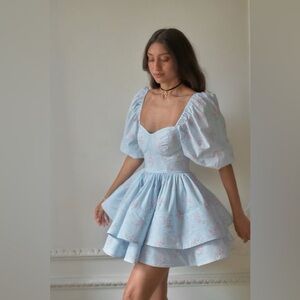 Selkie South of France Powder Blue Puff-Sleeve Mini Dress with Pink Floral Print